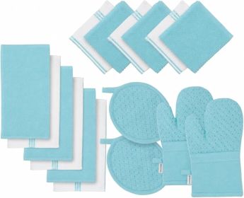 16Pc Kitchen Towel Set - Heat Resistant Oven Mitts & Pot Holders, Reusable Dish Cloths, Absorbent Hand Towels - Aqua