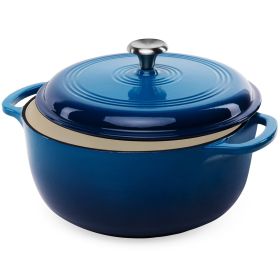 6 Quart Large Enamel Cast-Iron Dutch Oven Kitchen Cookware (Color: Blue)