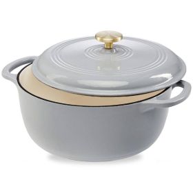 6 Quart Large  Enamel Cast-Iron Dutch Oven Kitchen Cookware (Color: Light Grey)